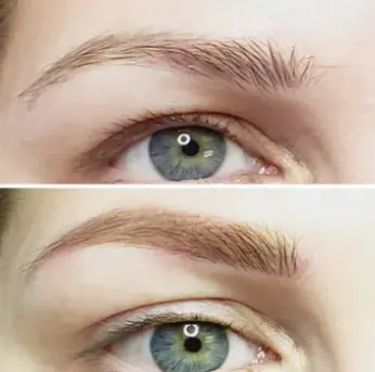 Two close-up images showing an eye with eyebrows: the top image has sparse and light eyebrows, while the bottom image showcases the transformative effects of luxury skincare, revealing fuller and more well-defined eyebrows.