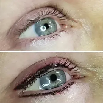 Close-up image of an eye before and after makeup application. The top shows a bare eye, highlighting the natural beauty preserved by luxury skincare products, while the bottom features stunning eyeliner and eyeshadow on the eyelid.