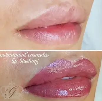 A two-image comparison showing lips before and after undergoing permanent cosmetic lip blushing, resulting in enhanced color and definition. Text reads, "Permanent cosmetic lip blushing." Experience the elegance of luxury skincare.