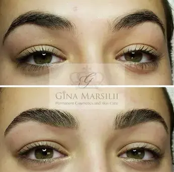 Close-up comparison of two eyebrows before (top) and after (bottom) cosmetic enhancement, showcasing fuller and more defined eyebrows post-treatment—a testament to the power of luxury skincare.