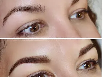 Two images of a person's eyes and eyebrows. The top image shows natural eyebrows, while the bottom image displays perfectly groomed eyebrows, highlighting the transformative power of luxury skincare.