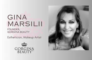 A grayscale image featuring Gina Marsilii, the founder of Gorgina Beauty and a renowned esthetician and makeup artist specializing in luxury skincare, with the Gorgina Beauty logo at the bottom.