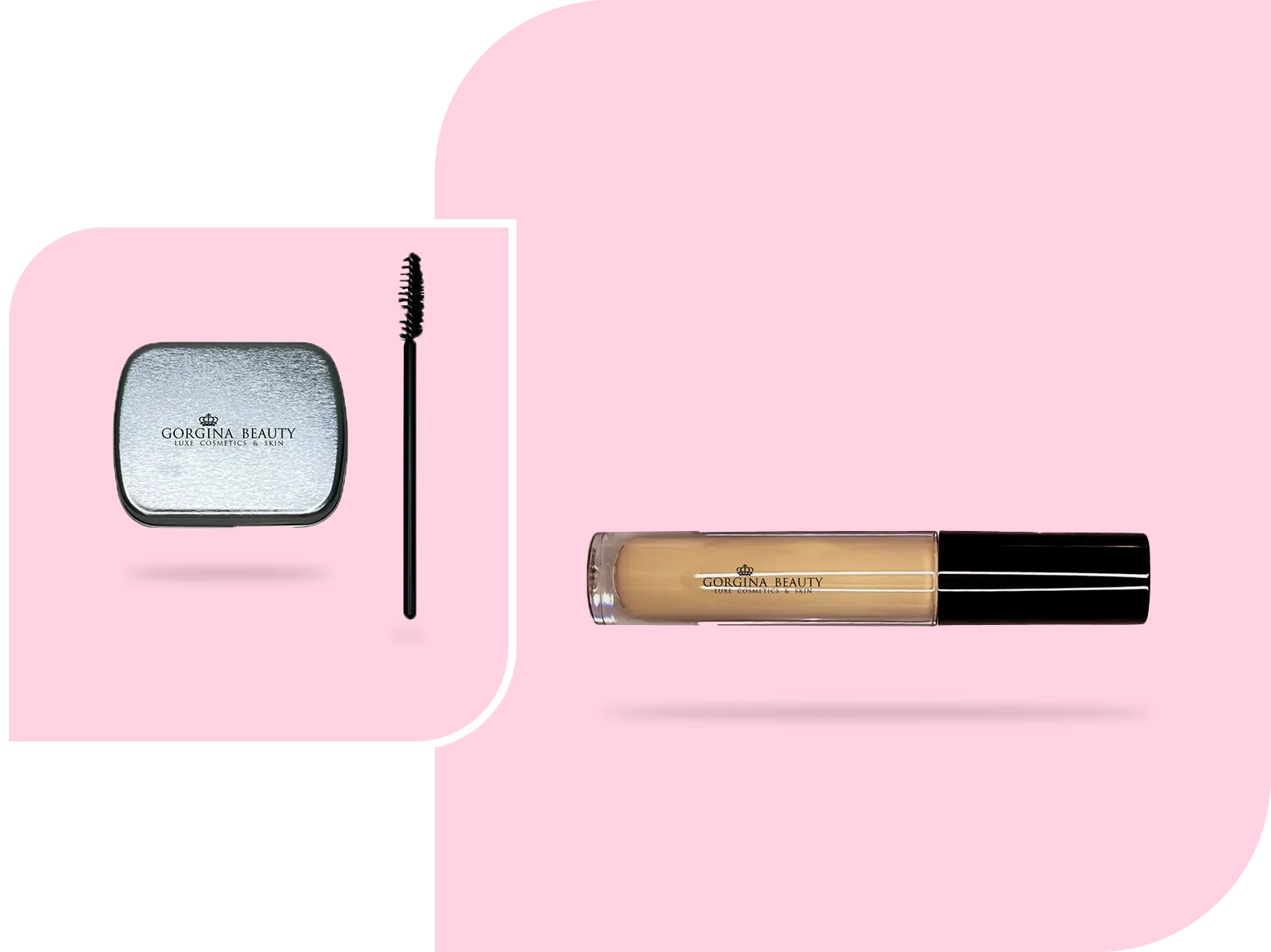 A silver makeup compact and black spoolie brush on the left, and a tube of liquid concealer with a black cap on the right. Items are displayed on a pink background.