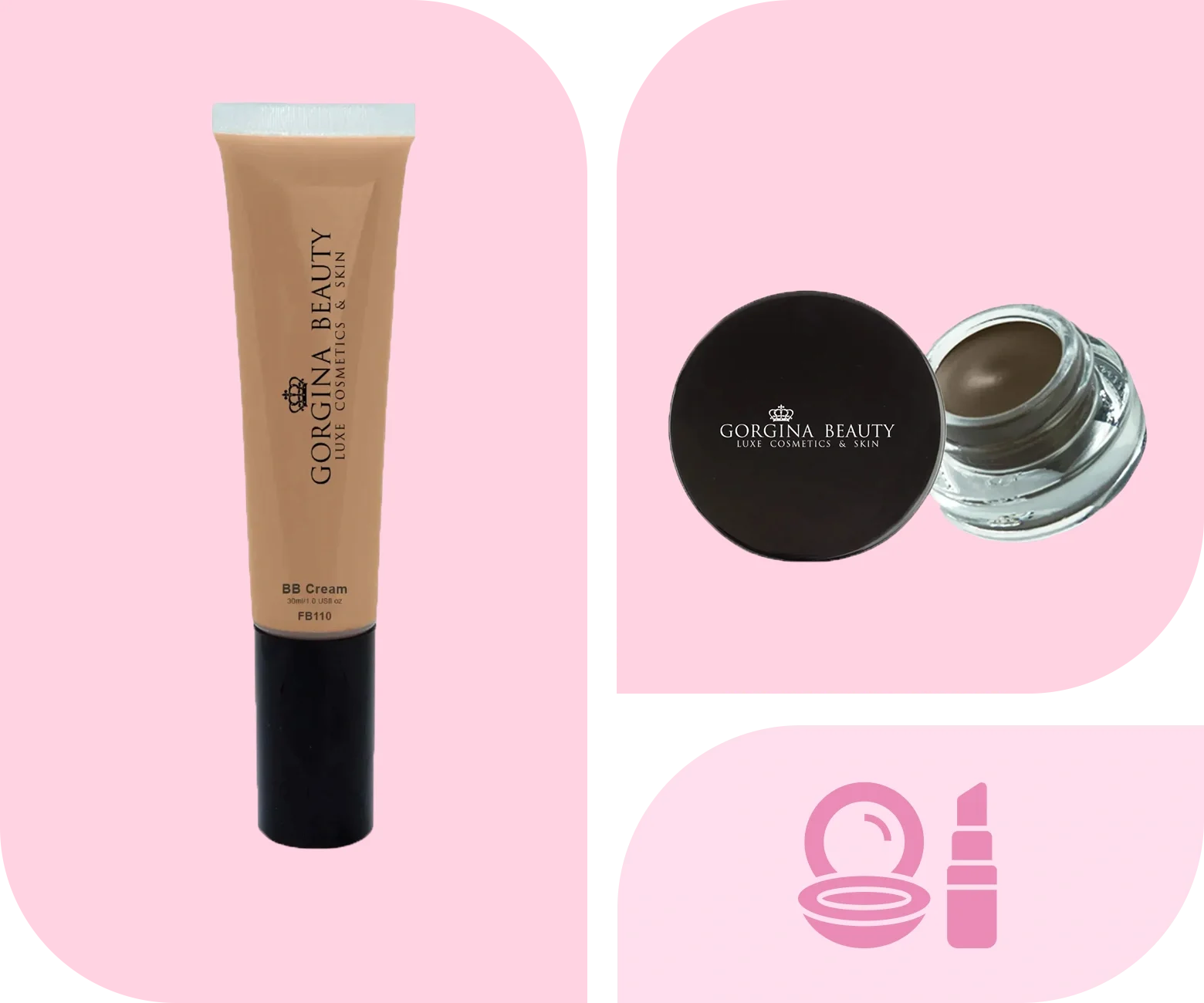 A tube of Gorgina Beauty BB Cream and an open jar of Gorgina Beauty cream eyeliner with the lid beside it, set against a light pink background with an icons of a makeup compact and lipstick.