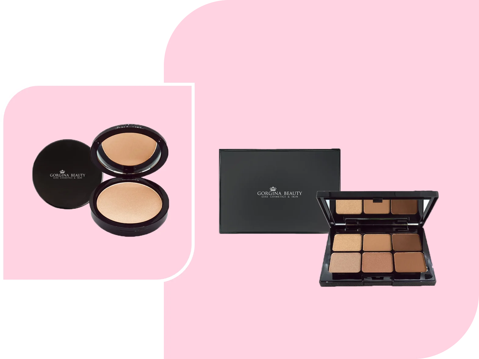 Two makeup products: a compact powder with a mirror on the left and a six-shade eyeshadow palette in a black case on the right, both on a pink background.