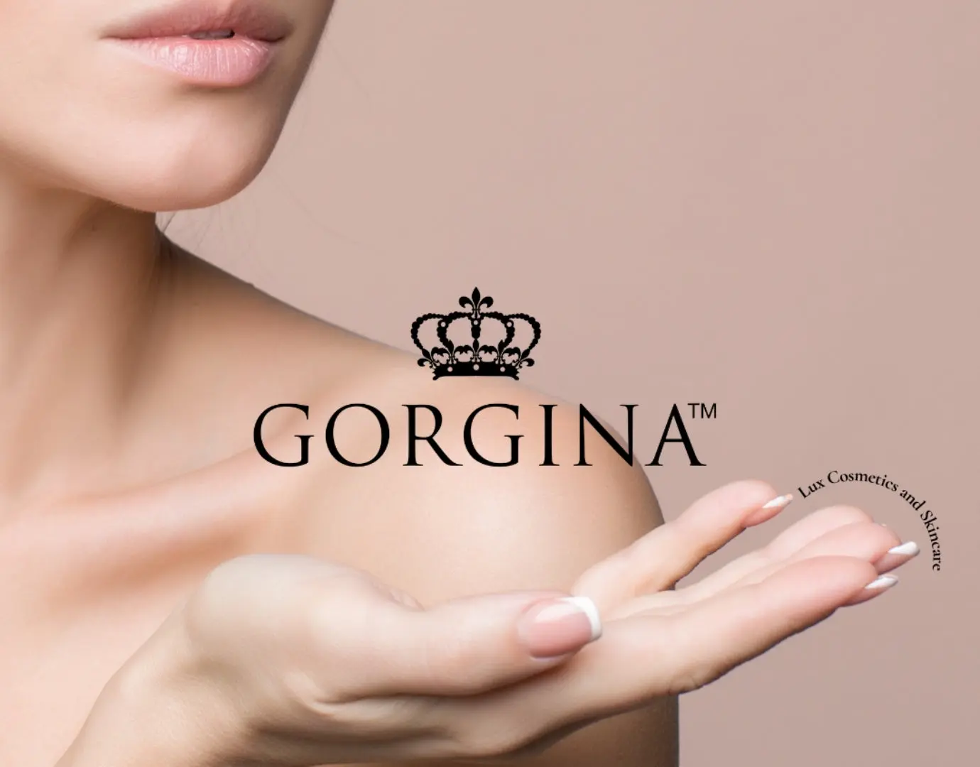 Close-up of a woman's lips and hand with the "Gorgina Lux Cosmetics and Skincare" logo overlayed, featuring a crown design, showcasing one of the most premium skincare brands.