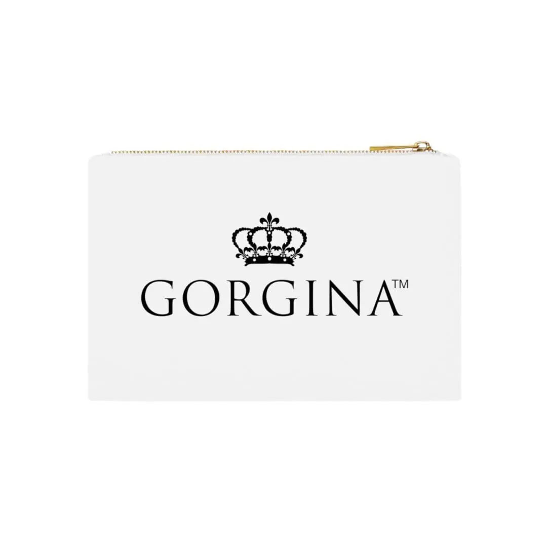 A Cosmetic Bag in white, adorned with a crown design and the word "Gorgina" in bold black letters, complete with a zippered top.