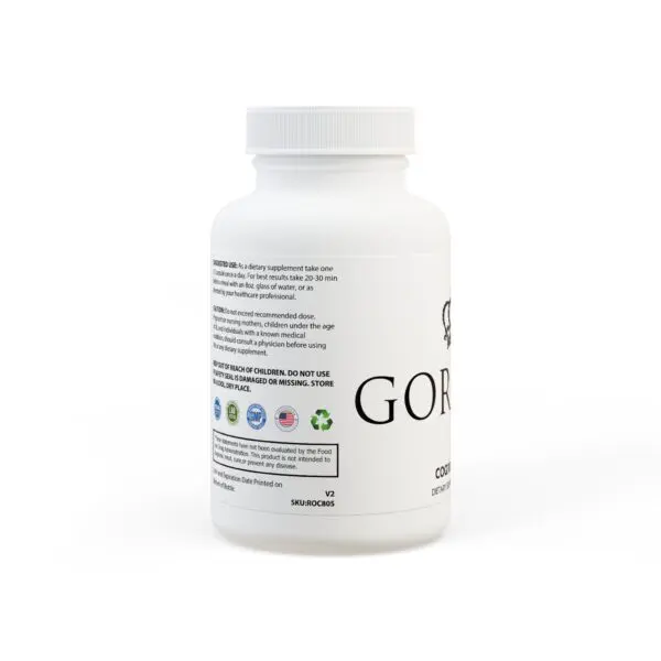 White bottle of CoQ10 (Ubiquinone) Supplement (30 Capsules) with a partially visible label, displaying text about usage instructions and logos for recycling and certifications.