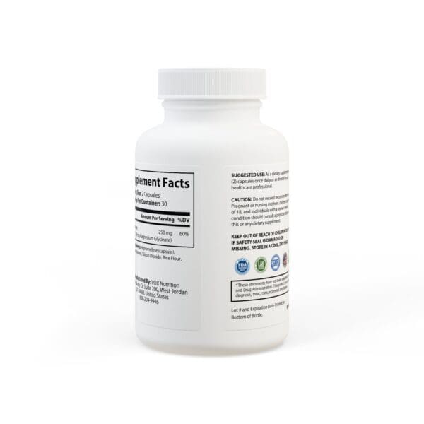 Magnesium Glycinate Supplement (60 Capsules) in a white bottle featuring a black and white label with supplement facts, usage instructions, and cautionary details.