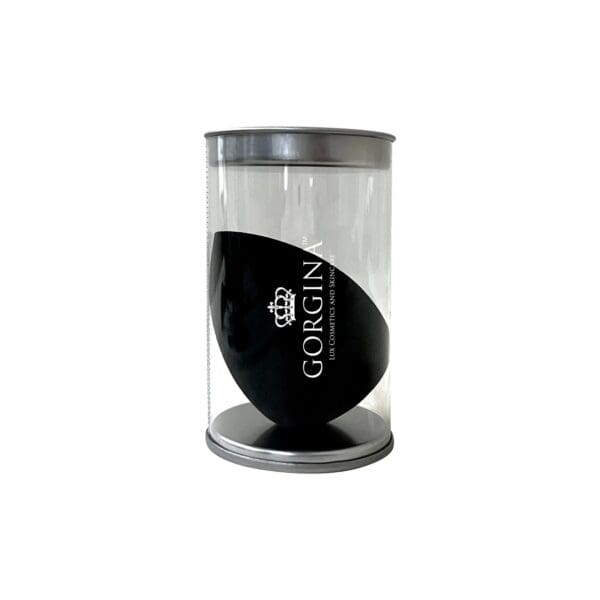 Clear cylindrical display case with a black, shield-shaped label featuring "Gorgin" and a crown logo.