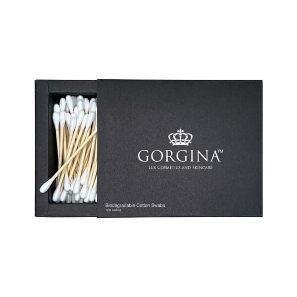 Black box labeled "Gorgina Lux Cosmetics and Skincare" with open lid showing biodegradable cotton swabs inside.