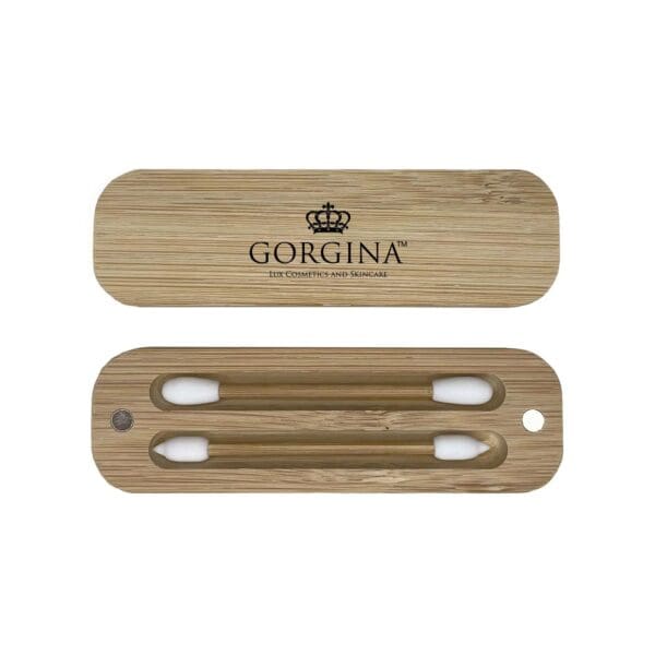 Bamboo case labeled "Gorgina" with two reusable cotton swabs inside.