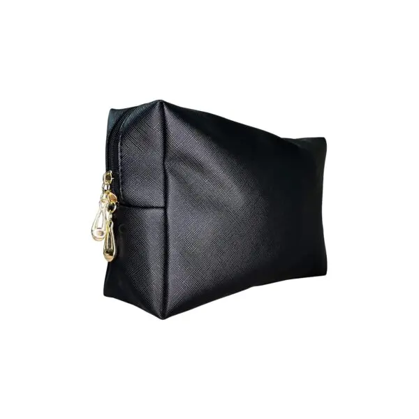 Black textured pouch with a gold zipper and two metal pulls, set against a plain white background.