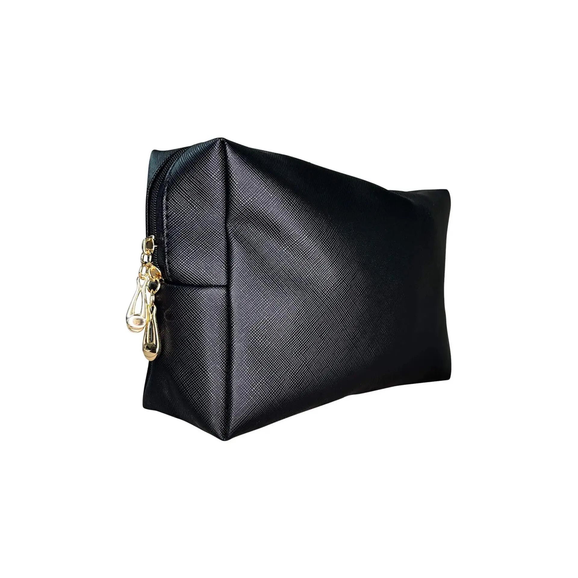 Black textured pouch with a gold zipper and two metal pulls, set against a plain white background.