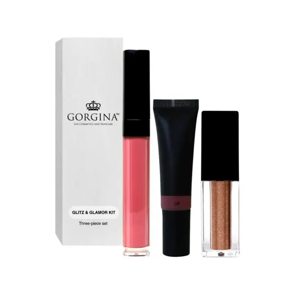 Gorgina Glitz & Glamor Kit, three-piece set with pink gloss, black tube, and gold glitter liquid, alongside its branded packaging.