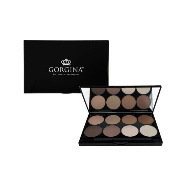 Makeup palette with ten shades in a black case labeled "Gorgina.