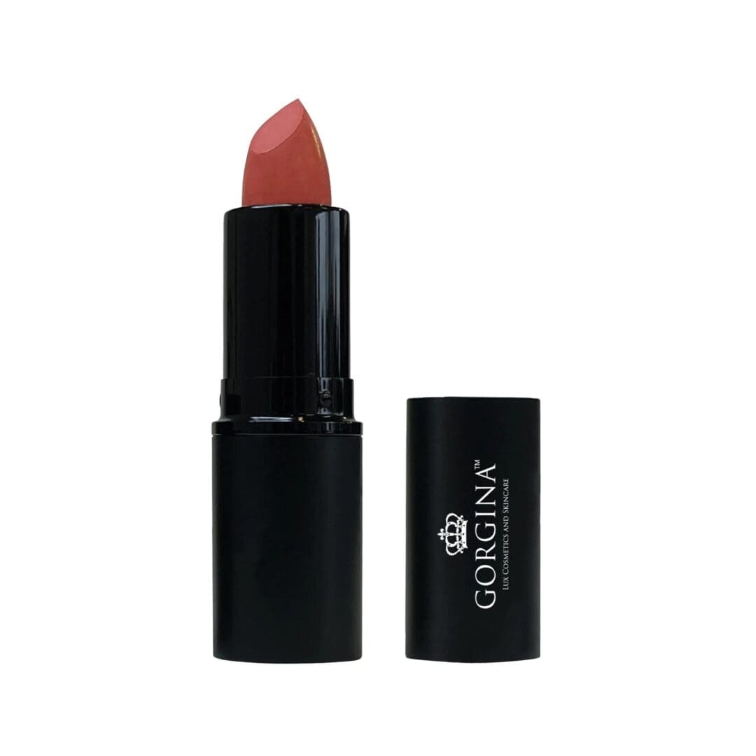 A lipstick with a black casing and a dark pink shade, shown with its cap removed and placed beside it. The casing has "Gorgina" written on it.