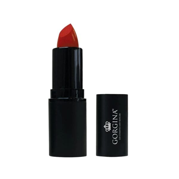 Red lipstick in a black tube with the cap placed beside it. The label reads "Gorgina.