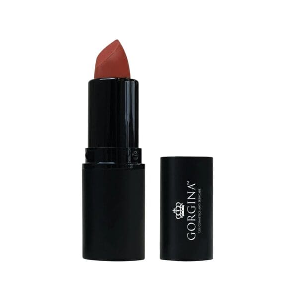 A dark red lipstick with the cap off is shown upright next to its closed cap, labeled "Gorgina.