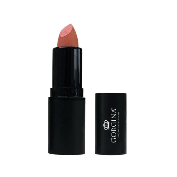 A tube of Gorgina lipstick with a peach shade, shown with its cap off.