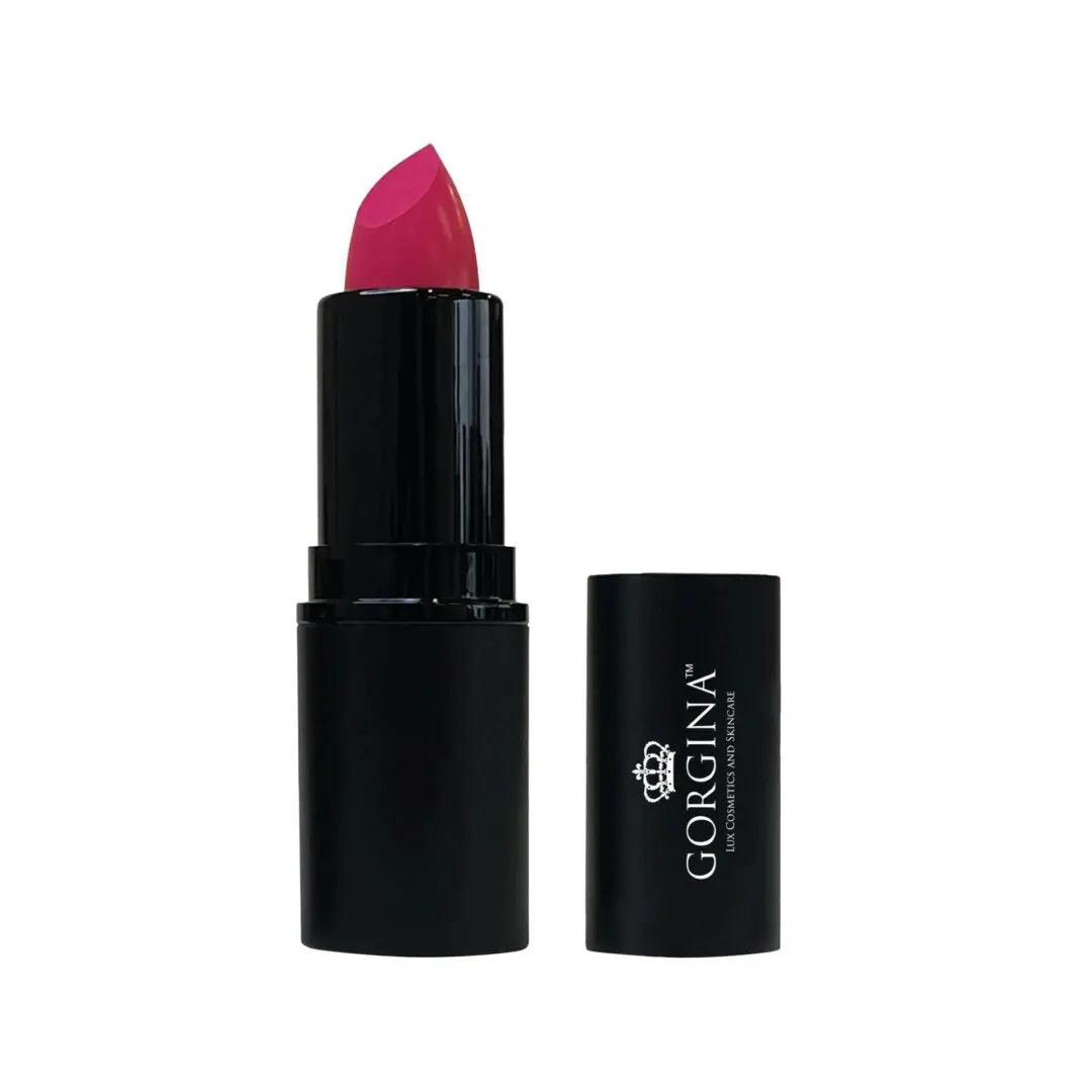 A pink lipstick with a black tube and a separate cap displaying the brand name "Gorgina.