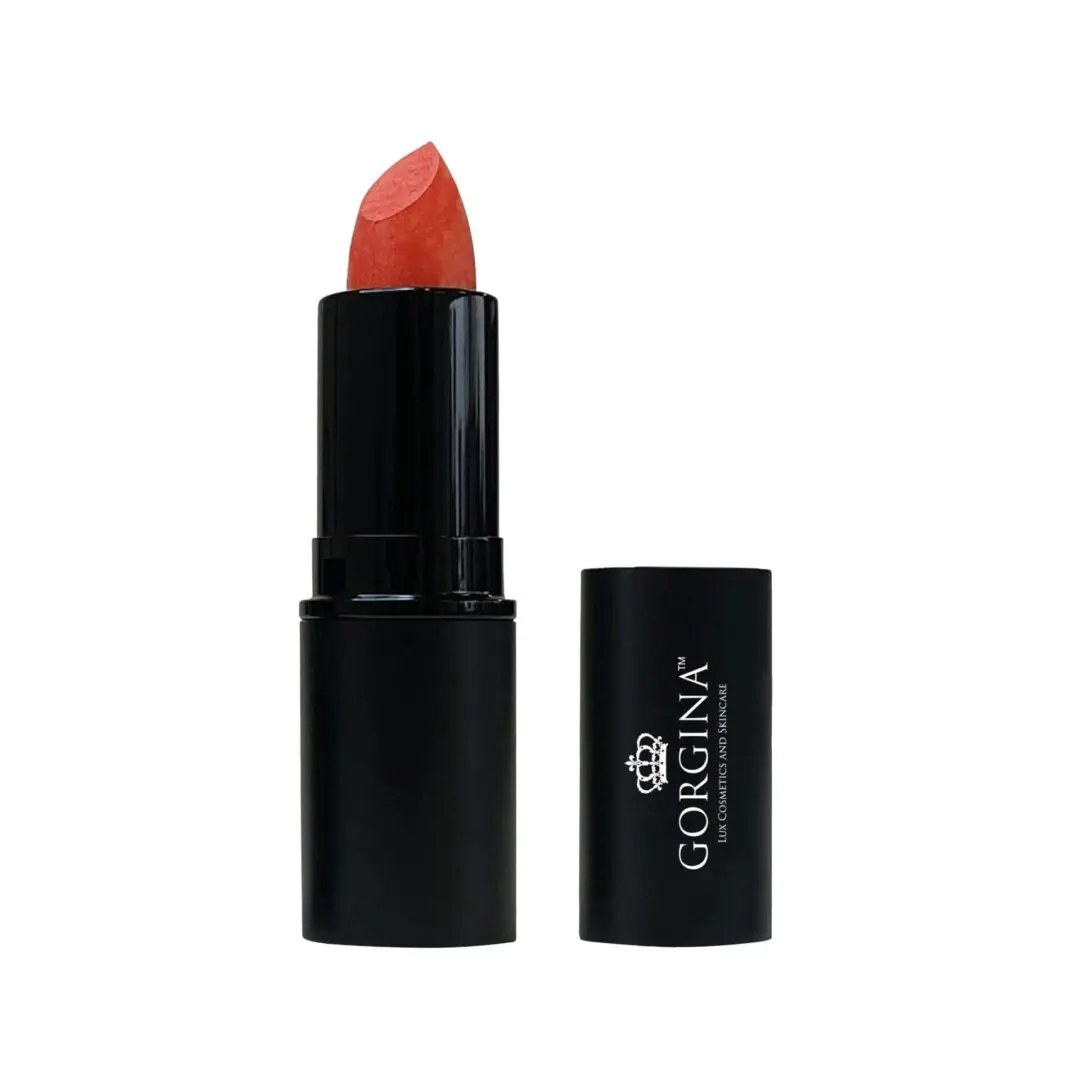 A red lipstick with its black cap placed beside it. The brand name "Gorgina" is printed on the case.