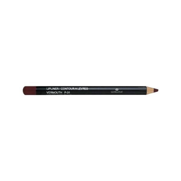 A dark red lip liner pencil labeled "Lipliner/Contour à lèvres" in the shade "Vermouth P-31" with a wooden tip.