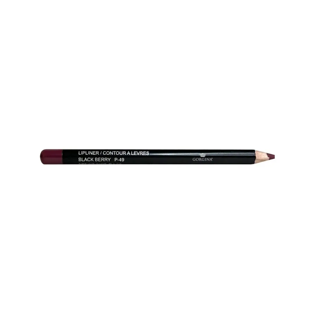 A black lip liner pencil labeled "BLACK BERRY P-49" with a brownish tip.