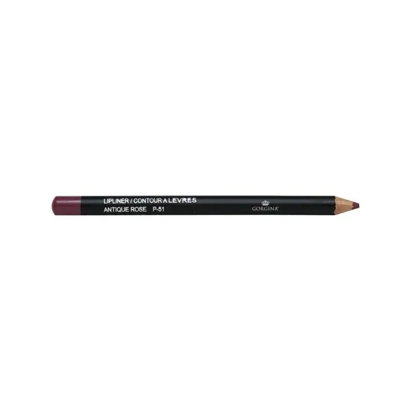 A lipliner pencil labeled "Antique Rose P-51" with a dark plum color on one end and a capped end on the other.