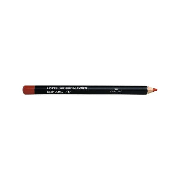 A black lipliner pencil labeled "Deep Coral P-57" with a red tip.