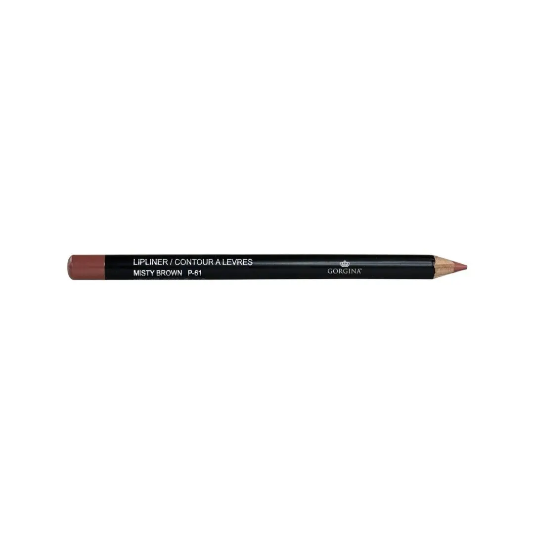 Lip liner pencil labeled "Gorgina Lipliner/Contour à Lèvres Misty Brown P-61" with a brown tip.