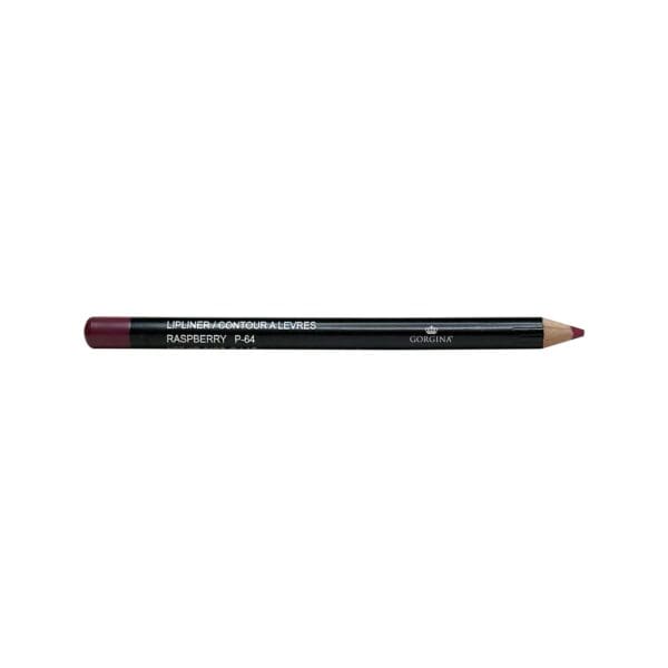 A maroon lip liner pencil labeled "Raspberry P-84" with a black body and white text.