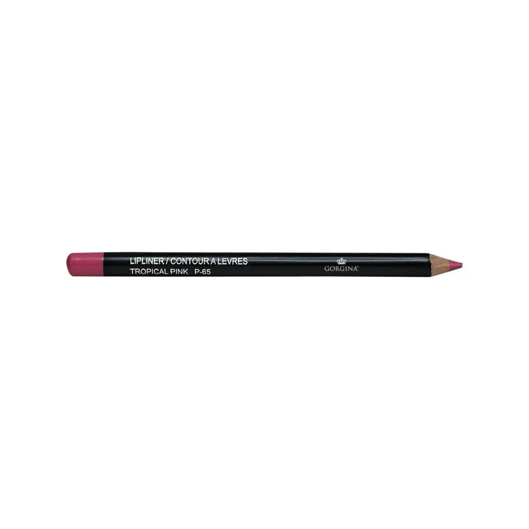 A lip liner pencil labeled "Tropical Pink P-65" with a sharpened tip and pink color.