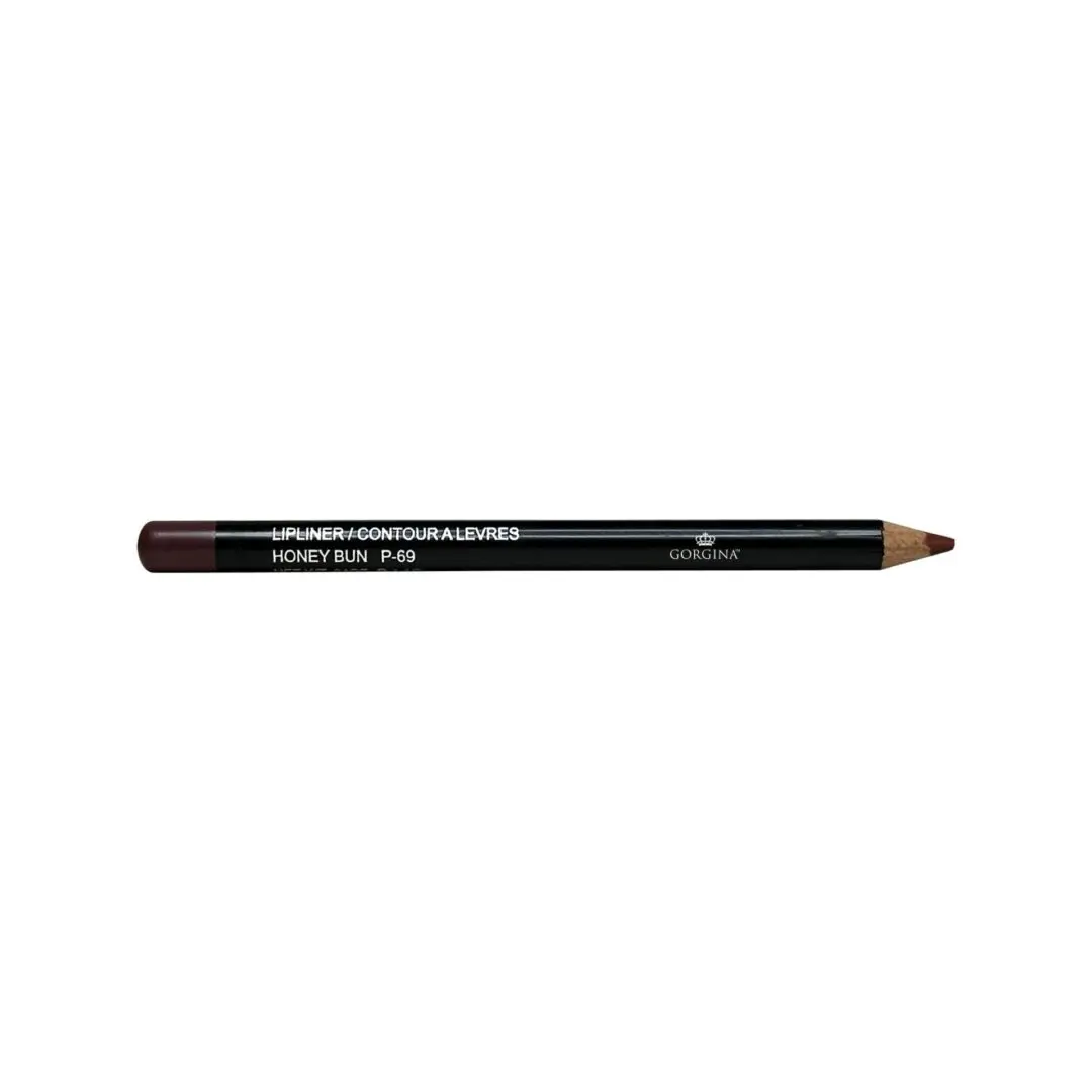 A dark brown lip liner pencil labeled "Honey Bun" from Gorgina, with a sharpened tip.