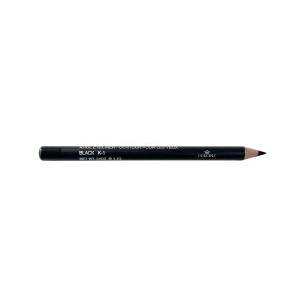 Black eyeliner pencil with sharpened tip and label featuring product details.