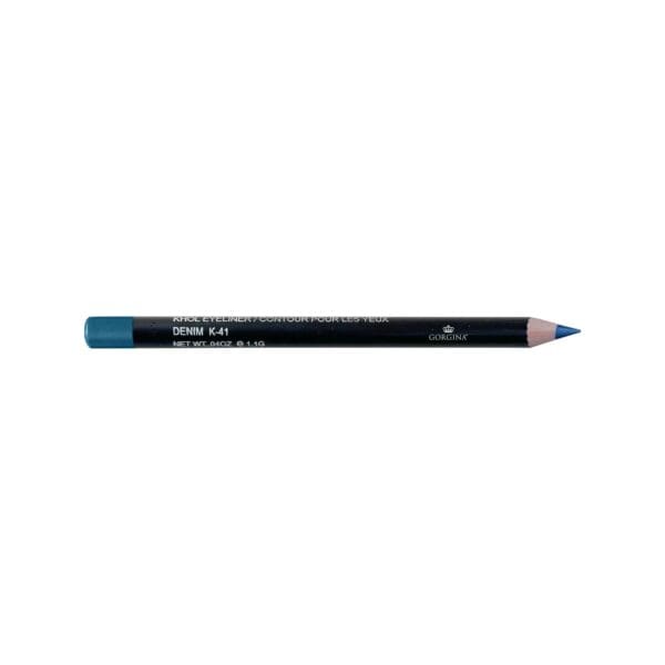 A blue eyeliner pencil with black casing, labeled "DENIM K41" and "Giorunk," on a white background.