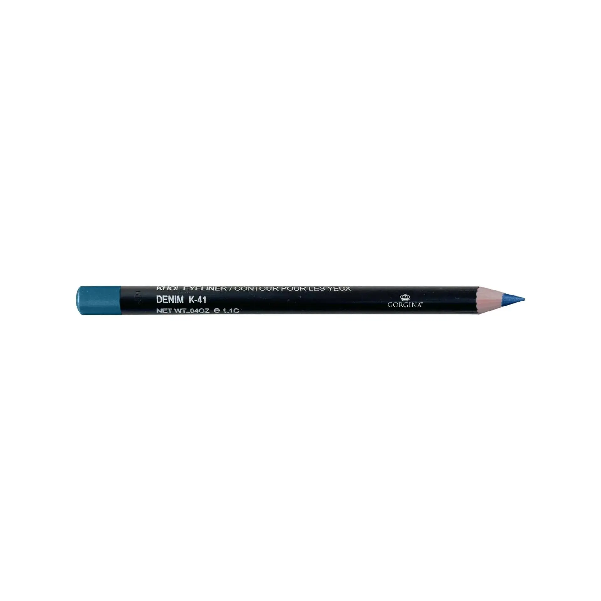 A blue eyeliner pencil with black casing, labeled "DENIM K41" and "Giorunk," on a white background.