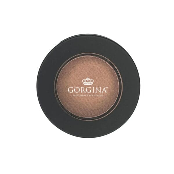 Round compact with a black outer case displaying a beige powder inside, labeled "Gorgina Lux Cosmetics and Skincare.