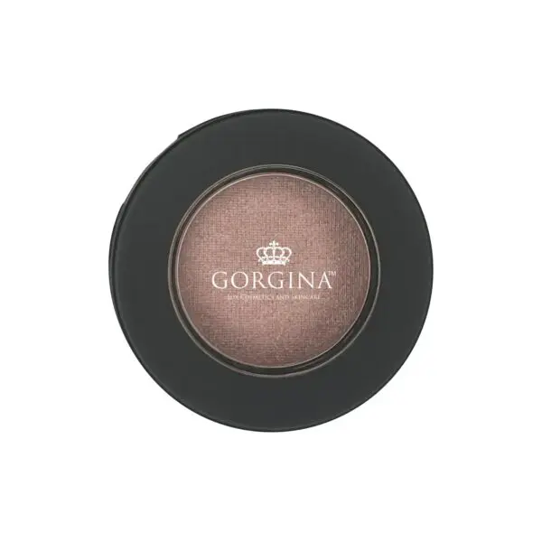 Compact makeup powder with a black case and transparent lid displaying the brand name "Gorgina" in the center.