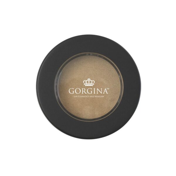 Round compact with a black rim, showcasing a beige pressed powder inside. The lid displays "Gorgina Lux Cosmetics and Skincare" with a crown logo.