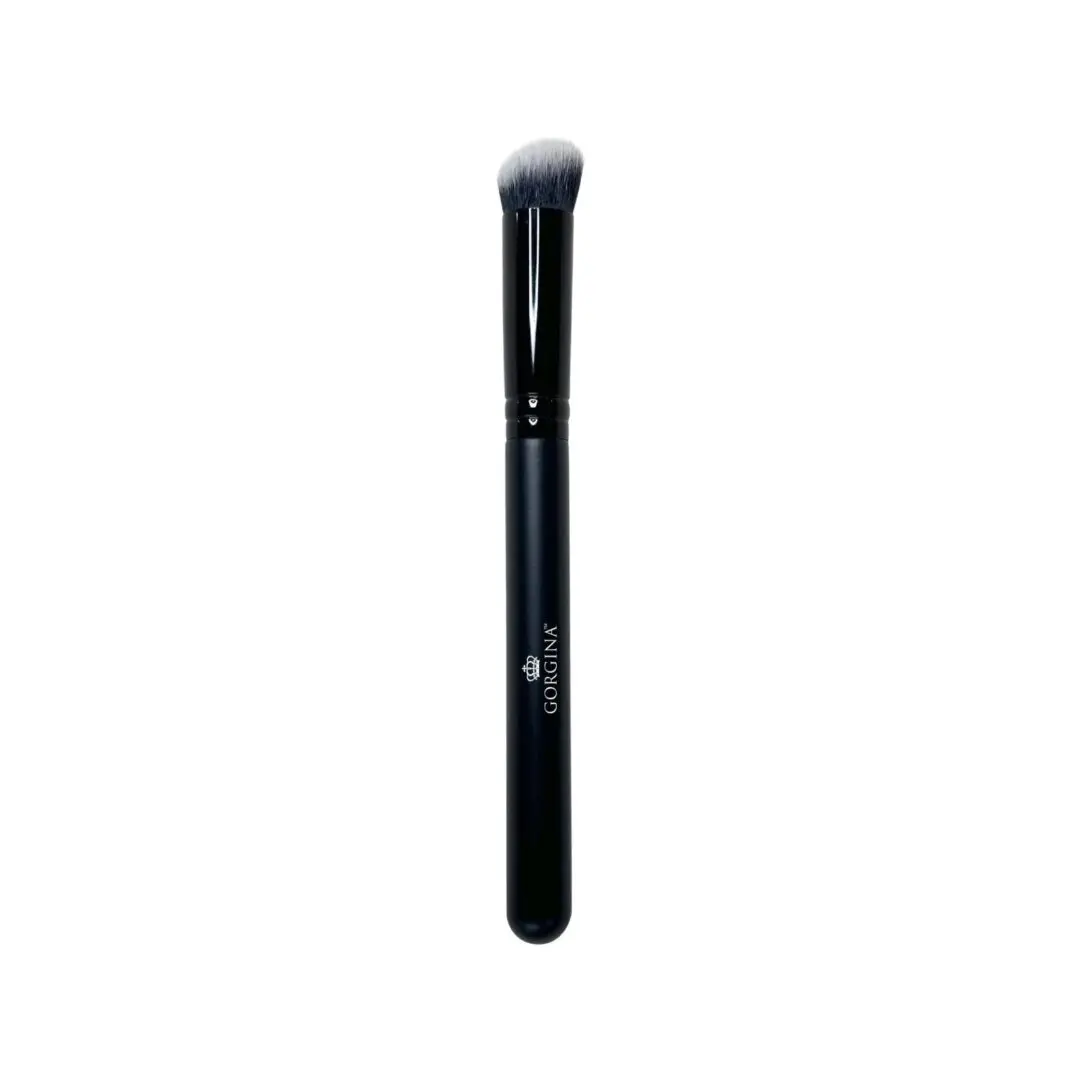 A black-handled makeup brush with soft, angled bristles designed for contouring or blending.