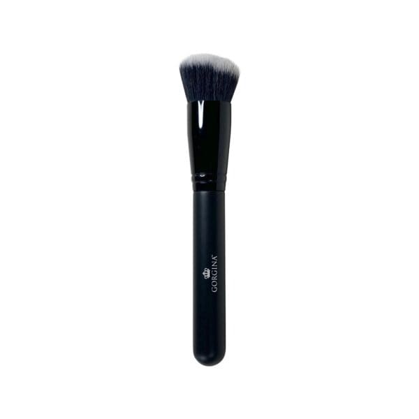 A black makeup brush with a full, rounded bristle head.