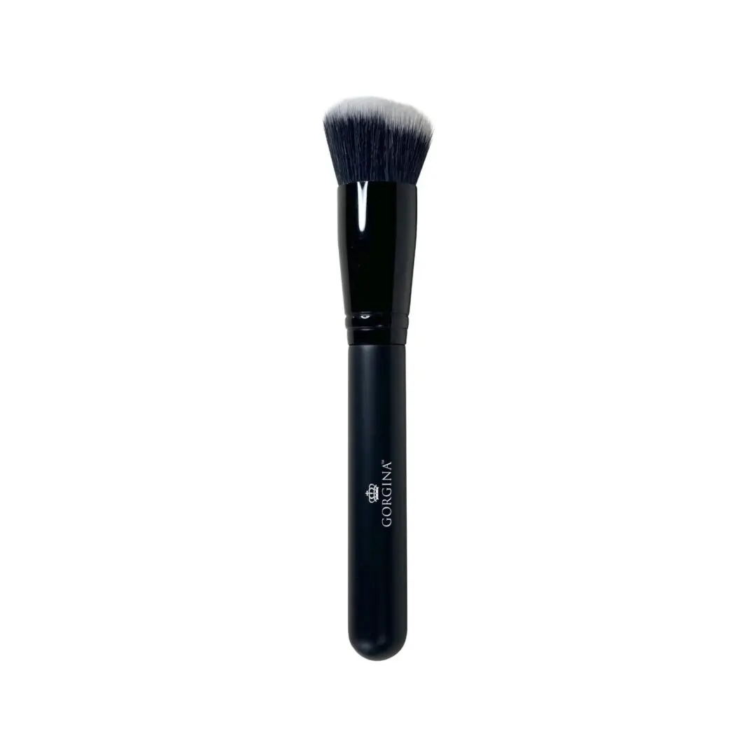 A black makeup brush with a full, rounded bristle head.