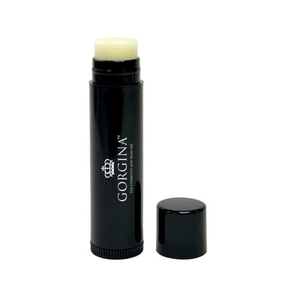 Black lip balm tube with a crown logo and the brand name "Gorgina." The cap is placed beside the tube.