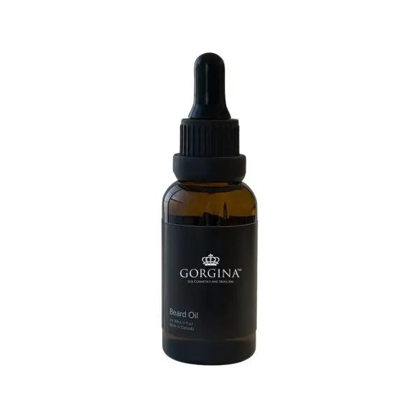 Brown glass bottle of Gorgina beard oil with dropper cap, labeled "Beard Oil" and "30 ml 1 fl. oz." on a simple white background.