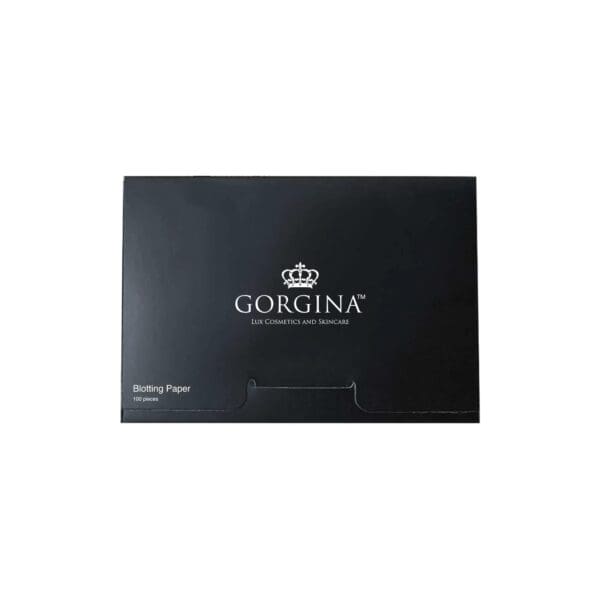 Black packaging of Gorgina blotting paper, featuring a crown logo and the text "Lux Cosmetics and Skincare.