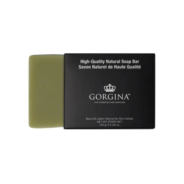 Green soap bar partially slid out of a black box labeled "High-Quality Natural Soap Bar" by Gorgina. Box details weight as 120g / 4.2 oz.