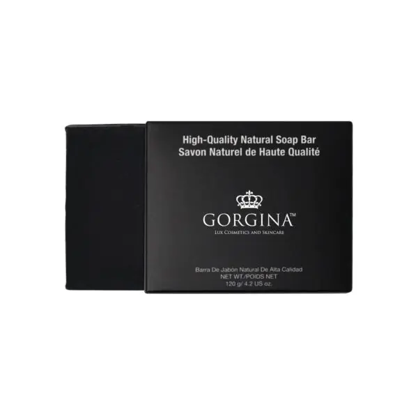 Black box of Gorgina high-quality natural soap bar with bilingual text emphasizing luxury cosmetics and skincare.