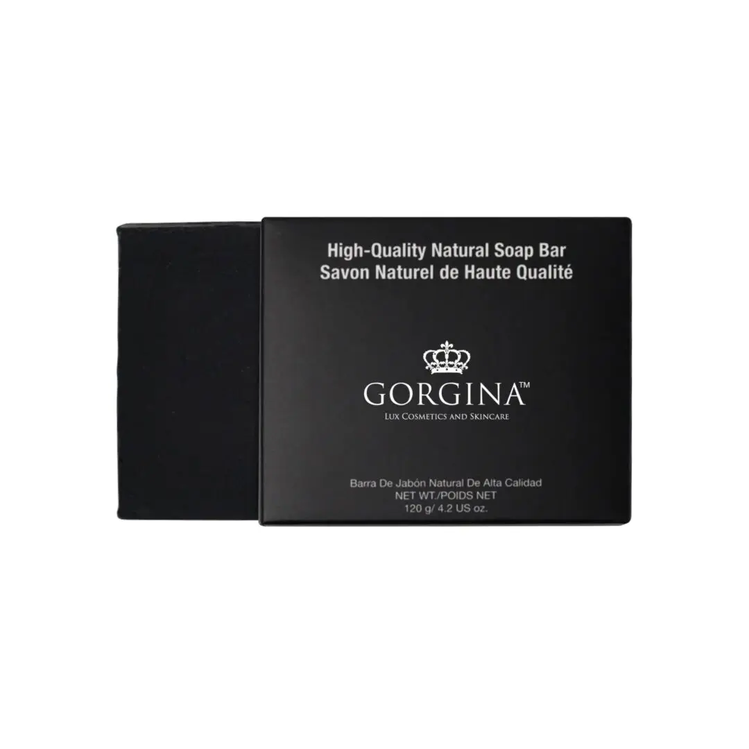 Black box of Gorgina high-quality natural soap bar with bilingual text emphasizing luxury cosmetics and skincare.