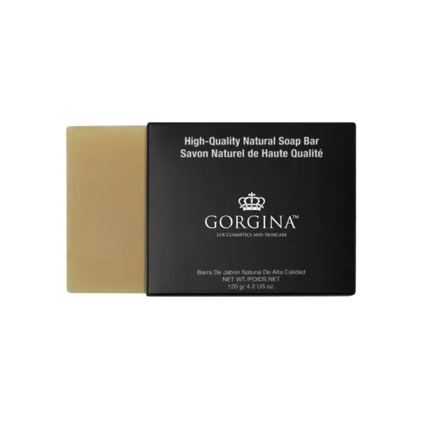 A bar of soap partially wrapped in black packaging labeled "Gorgina Lux Cosmetics and Skincare.